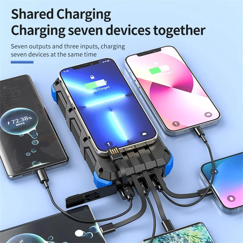 PSOOO M2 20000mAh 8-Output + 4-Input Solar Charging Phone External Battery Built-in 4-Cable Wireless Charging Power Bank with LED Flashlight - Blue