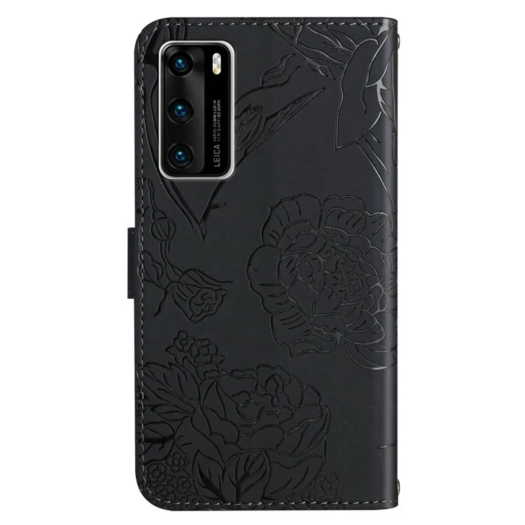 Skin-touch Feel PU Leather Case for Huawei P40, Butterfly and Flower Imprinting Pattern Viewing Stand Wallet Cellphone Cover with Shoulder Strap - Black