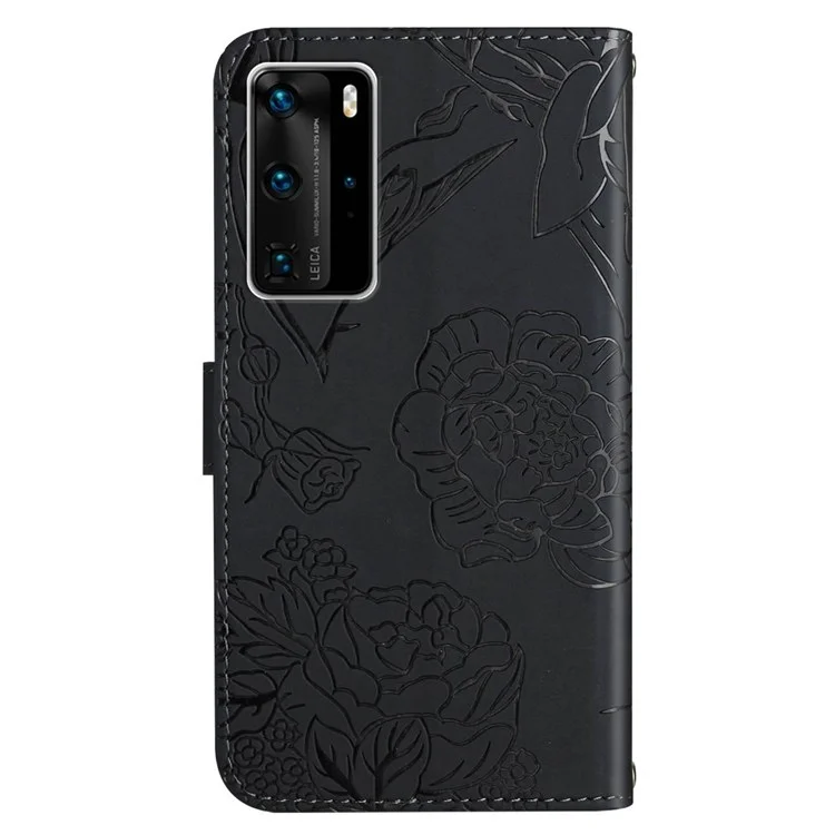 Butterfly and Flower Imprinting Pattern PU Leather Case for Huawei P40 Pro, Horizontal Stand Wallet Skin-touch Feel Cellphone Cover with Shoulder Strap - Black