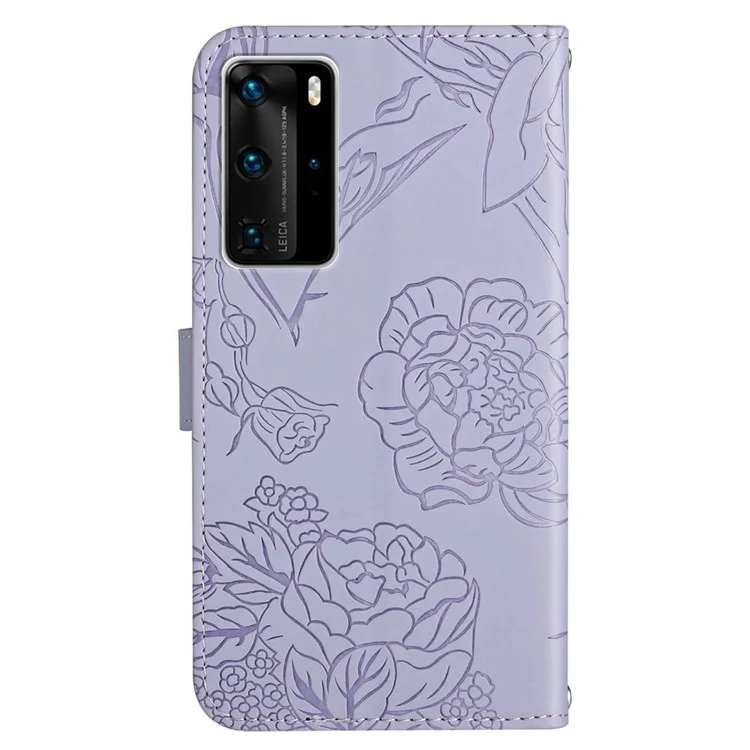 Caso de Couro de Impressão de Borboleta e Flor de Flor Para Huawei P40 Pro, Carteira de Suporte Horizontal Tampa da Pele Com Tampa Celular Com Alça de Ombro - Luz Roxa