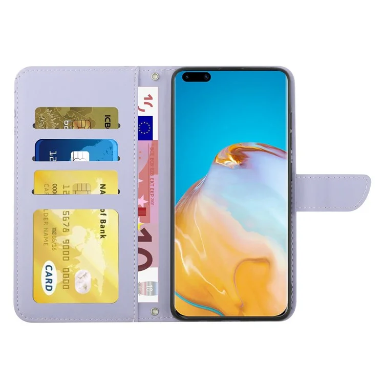 Case de Cuero PU de Impresión de Mariposa y Flores Para Huawei P40 Pro, Billetera Horizontal de la Billetera de la Piel Tapa Del Teléfono Celular Con Correa Para el Hombro - Púrpura Ligera