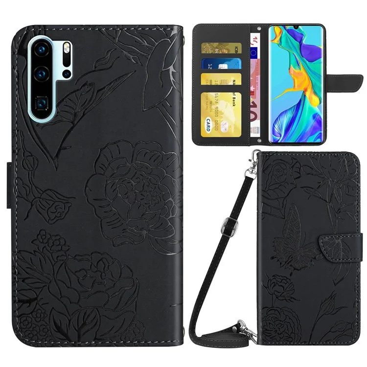 Sentimento Della Pelle in Pelle PU Custodia Per Huawei P30 Pro, Farfalla e Pattern Imprinting Flower Shock Auroflot Coprone Del Cellulare Con Spalla - Nero