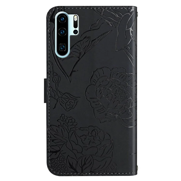 Sentimento Della Pelle in Pelle PU Custodia Per Huawei P30 Pro, Farfalla e Pattern Imprinting Flower Shock Auroflot Coprone Del Cellulare Con Spalla - Nero