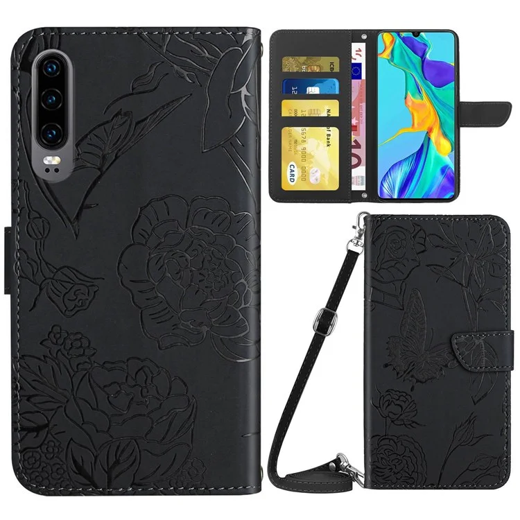 Sentimento Della Pelle in Pelle PU Custodia Per Huawei P30, Farfalla e Modello di Impronta Floreale Che Supporta il Portafoglio Per Telefono Con Spalla - Nero