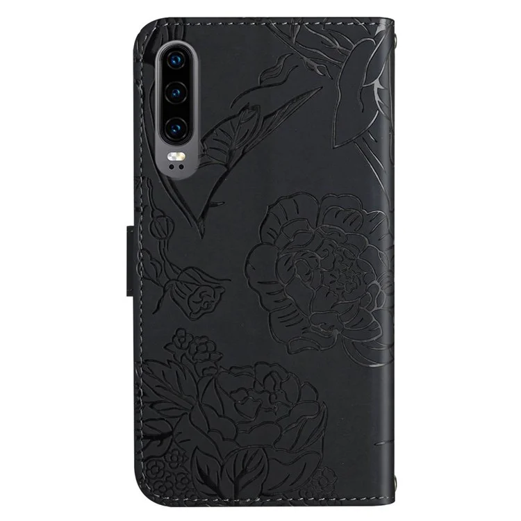 Sentimento Della Pelle in Pelle PU Custodia Per Huawei P30, Farfalla e Modello di Impronta Floreale Che Supporta il Portafoglio Per Telefono Con Spalla - Nero
