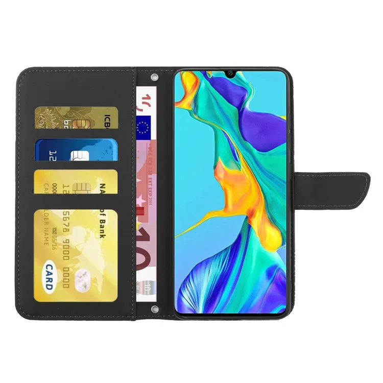 Sentimento Della Pelle in Pelle PU Custodia Per Huawei P30, Farfalla e Modello di Impronta Floreale Che Supporta il Portafoglio Per Telefono Con Spalla - Nero