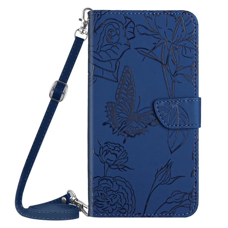 Skin-touch Feel PU Leather Case for Huawei P30, Butterfly and Flower Imprinting Pattern Supporting Stand Wallet Phone Cover with Shoulder Strap - Blue