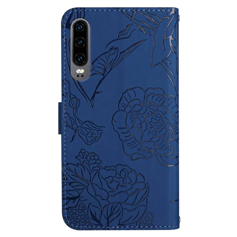 Skin-touch Feel PU Leather Case for Huawei P30, Butterfly and Flower Imprinting Pattern Supporting Stand Wallet Phone Cover with Shoulder Strap - Blue