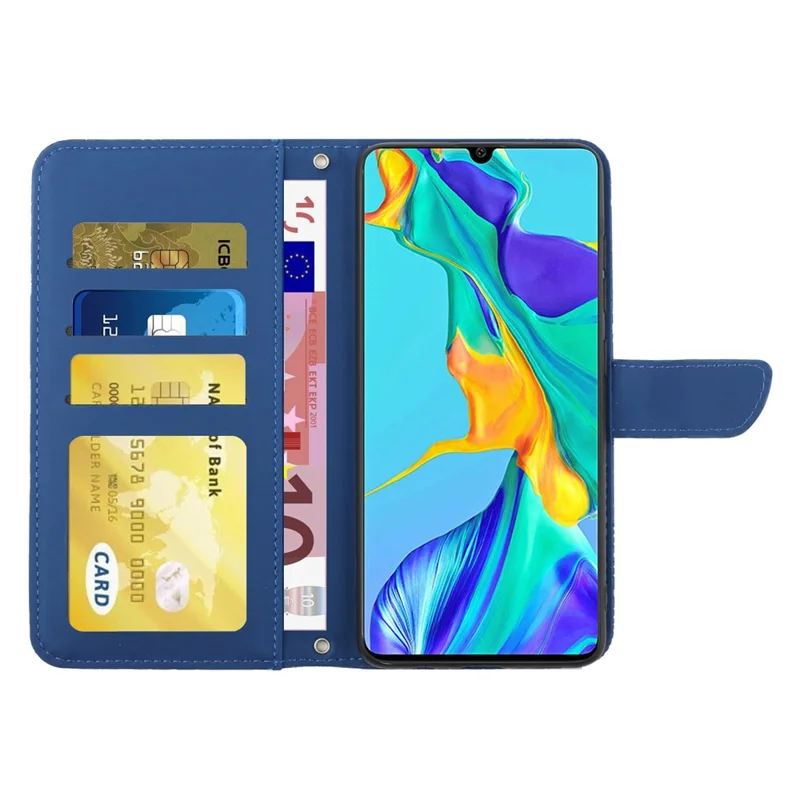 Skin-touch Feel PU Leather Case for Huawei P30, Butterfly and Flower Imprinting Pattern Supporting Stand Wallet Phone Cover with Shoulder Strap - Blue