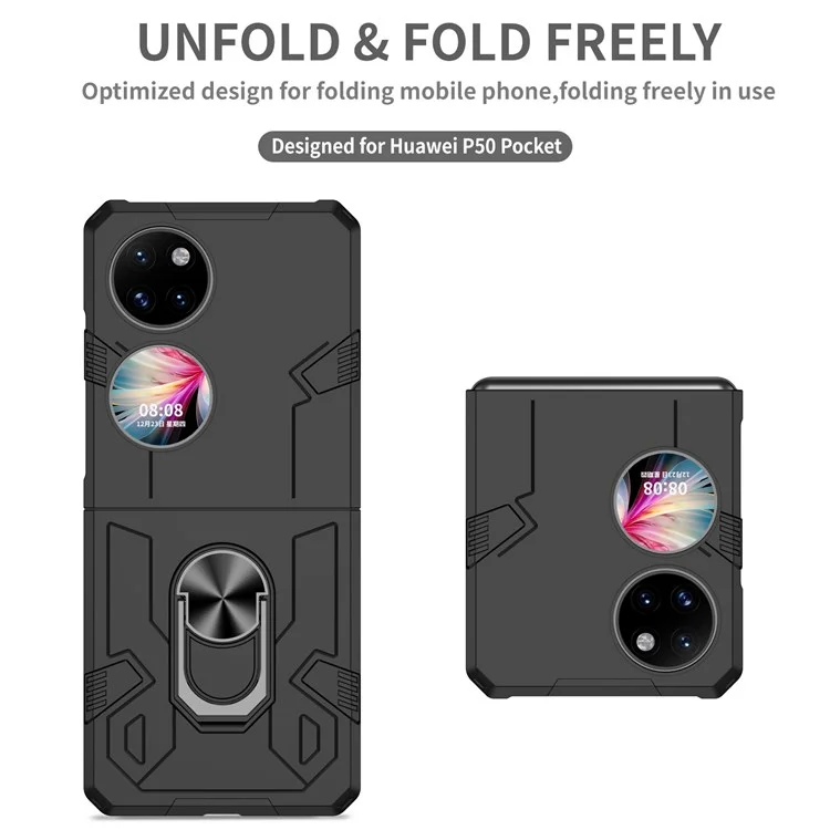 For Huawei P50 Pocket PC+TPU Phone Case Rotating Ring Kickstand Shockproof Anti-fall Cover - Black