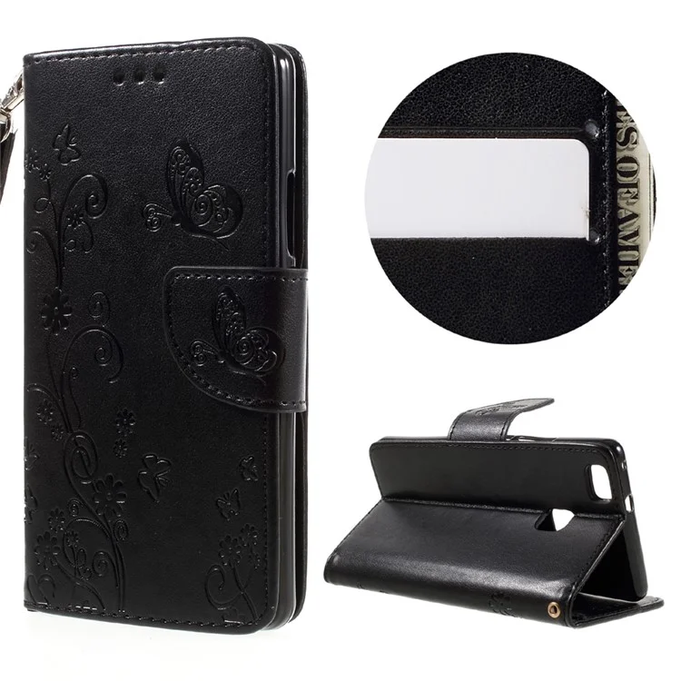 Imprint Flower Wallet Leather Stand Case with Wrist Strap for Huawei P9 Lite / G9 Lite - Black