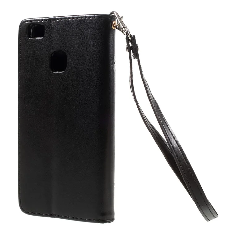 Imprint Flower Wallet Leather Stand Case with Wrist Strap for Huawei P9 Lite / G9 Lite - Black
