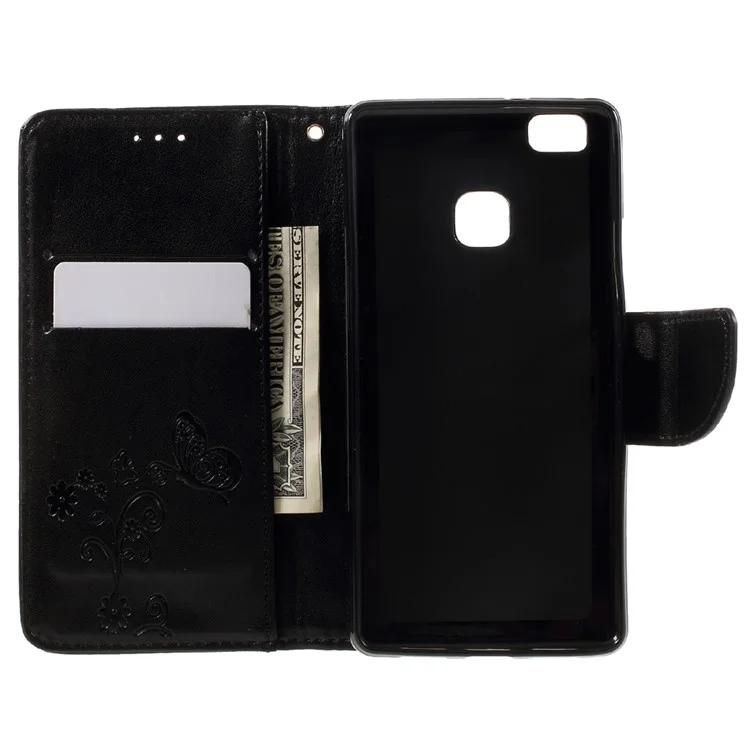 Imprint Flower Wallet Leather Stand Case with Wrist Strap for Huawei P9 Lite / G9 Lite - Black