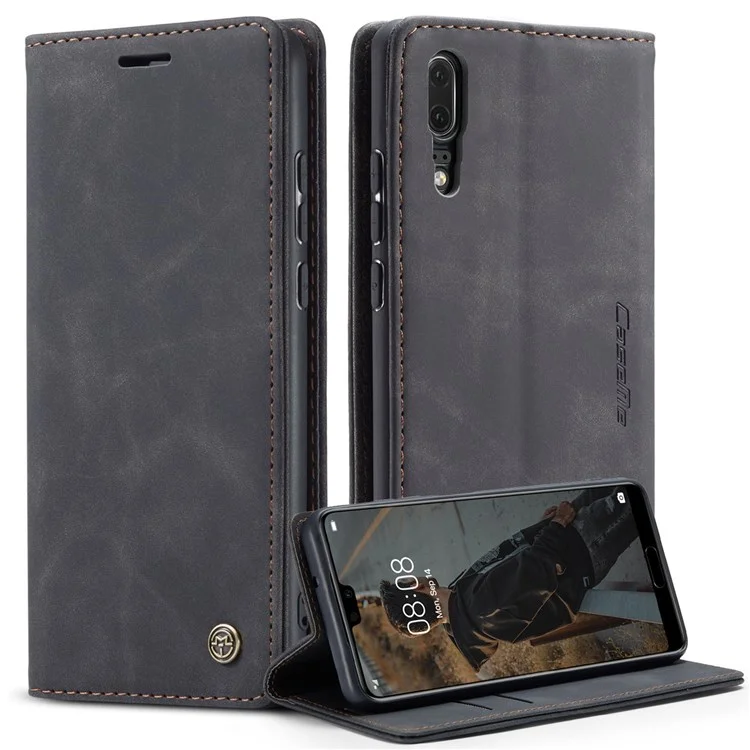 CASEME 013 Série Para Huawei P20 Suporte Dobrável Capa de Telefone Auto-absorvida Carteira de Couro PU Capa de Telefone - Preto 