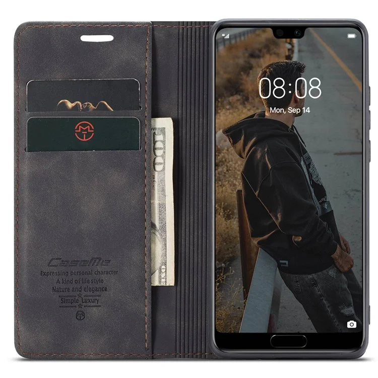CASEME 013 Série Para Huawei P20 Suporte Dobrável Capa de Telefone Auto-absorvida Carteira de Couro PU Capa de Telefone - Preto 