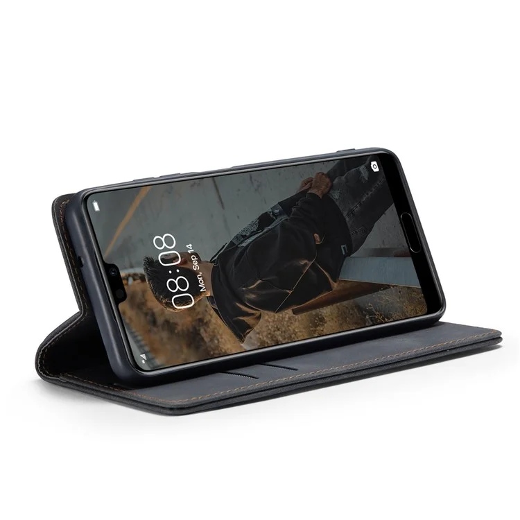 CASEME 013 Série Para Huawei P20 Suporte Dobrável Capa de Telefone Auto-absorvida Carteira de Couro PU Capa de Telefone - Preto 