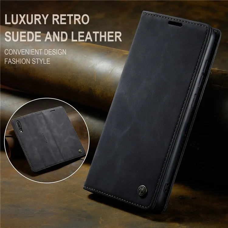 CASEME 013 Série Para Huawei P20 Suporte Dobrável Capa de Telefone Auto-absorvida Carteira de Couro PU Capa de Telefone - Preto 