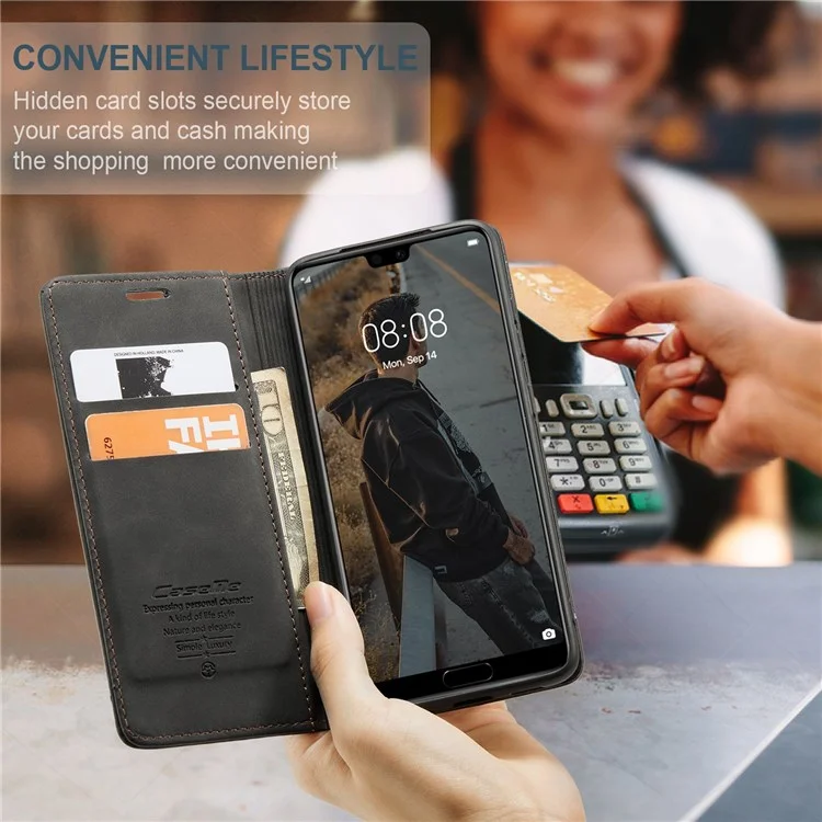 CASEME 013 Série Para Huawei P20 Suporte Dobrável Capa de Telefone Auto-absorvida Carteira de Couro PU Capa de Telefone - Preto 