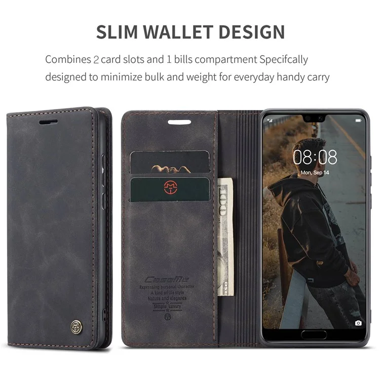 CASEME 013 Série Para Huawei P20 Suporte Dobrável Capa de Telefone Auto-absorvida Carteira de Couro PU Capa de Telefone - Preto 