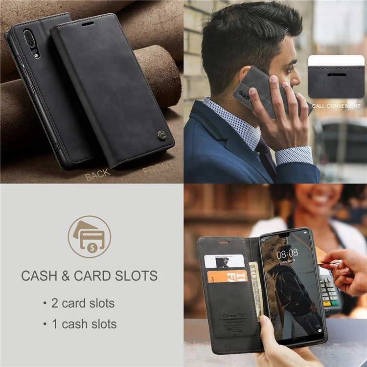 CASEME 013 Série Para Huawei P20 Suporte Dobrável Capa de Telefone Auto-absorvida Carteira de Couro PU Capa de Telefone - Preto 