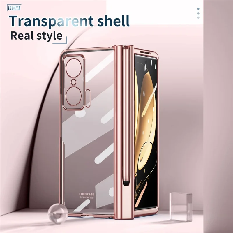For Honor Magic V Tempered Glass Film Phone Cover Pen Slot Hinge Electroplating Folding PC Case with Stylus Pen - Pink