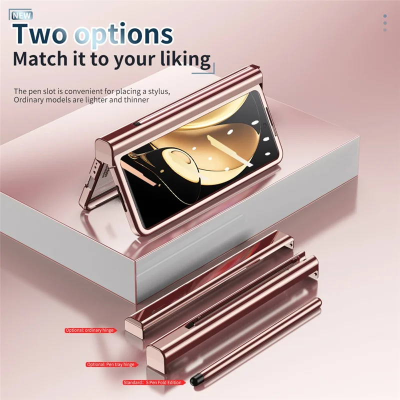 For Honor Magic V Tempered Glass Film Phone Cover Pen Slot Hinge Electroplating Folding PC Case with Stylus Pen - Pink