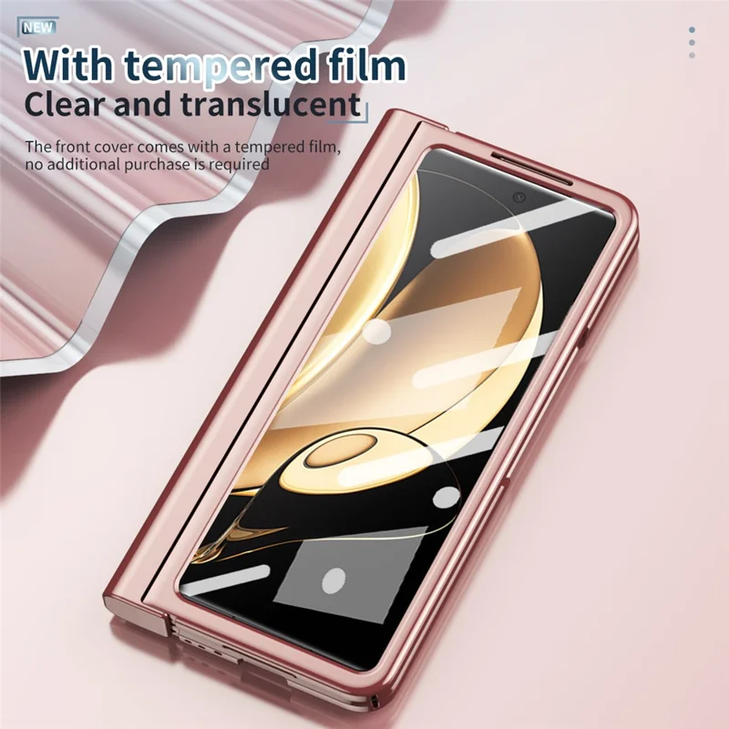 For Honor Magic V Tempered Glass Film Phone Cover Pen Slot Hinge Electroplating Folding PC Case with Stylus Pen - Pink