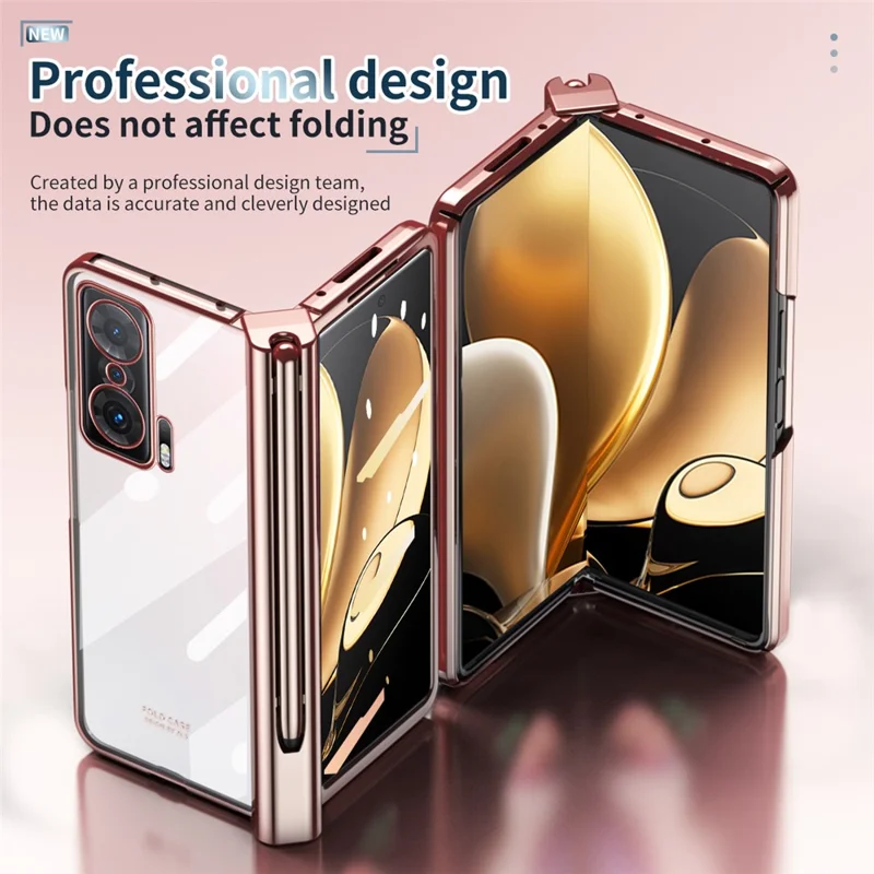 For Honor Magic V Tempered Glass Film Phone Cover Pen Slot Hinge Electroplating Folding PC Case with Stylus Pen - Pink
