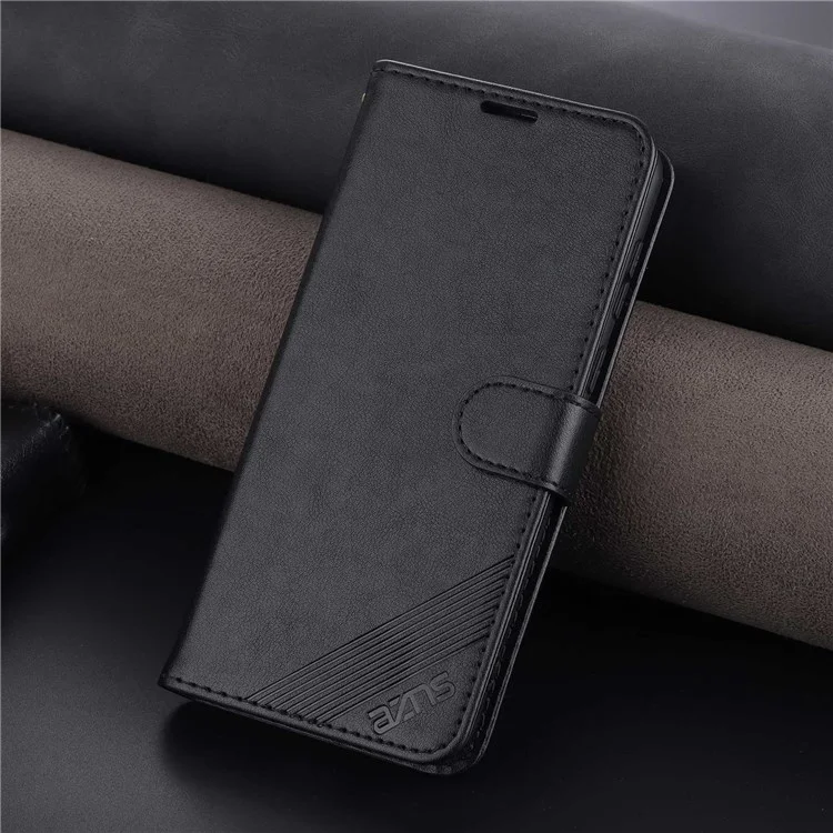 AZNS For U-Magic Enjoy 50 Plus Textured Leather Wallet Case Anti-Fall TPU Inner Shell Stand Phone Cover - Black