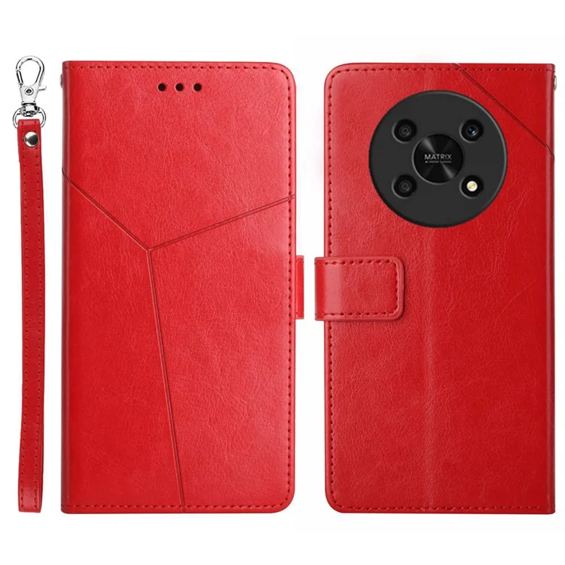 HT01 For Honor Magic 4 Lite 5G Cell Phone Cover Bag PU Leather Y-Shaped Lines Imprinting Wallet Stand Phone Case - Red
