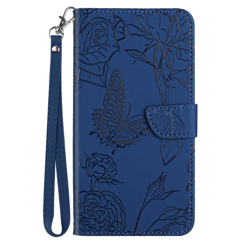 Butterfly Flowers Imprinting PU Leather Phone Shell for Honor Magic4 Lite 5G, Folio Flip Wallet Stand Design Skin Touch Leather Phone Case with Handy Strap - Blue
