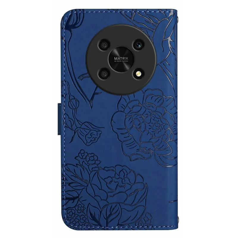 Butterfly Flowers Imprinting PU Leather Phone Shell for Honor Magic4 Lite 5G, Folio Flip Wallet Stand Design Skin Touch Leather Phone Case with Handy Strap - Blue
