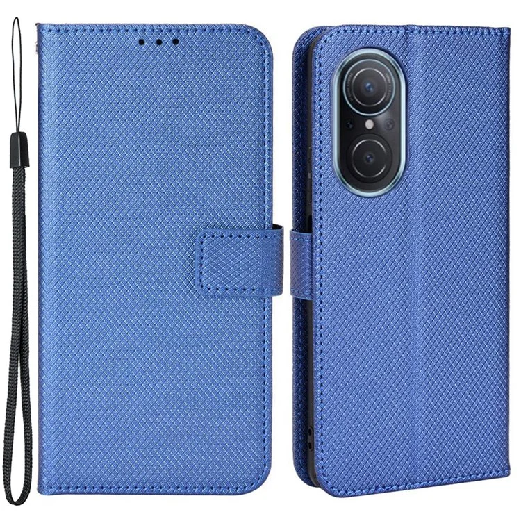 Étui de protection pour Honor 50 SE/Huawei nova 9 SE, texture diamant support PU cuir+TPU double protection coque portefeuille avec sangle poignet - Bleu
