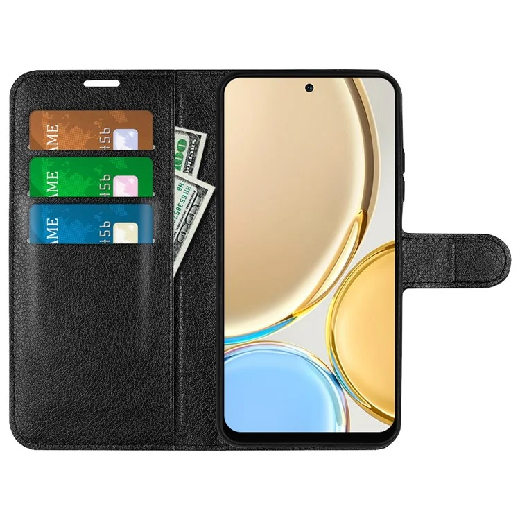Para Honor X30/Magic 4 Lite 5G Capa de telefone com textura de lichia Suporte dobrável Carteira de couro PU Capa de celular macia - Preto