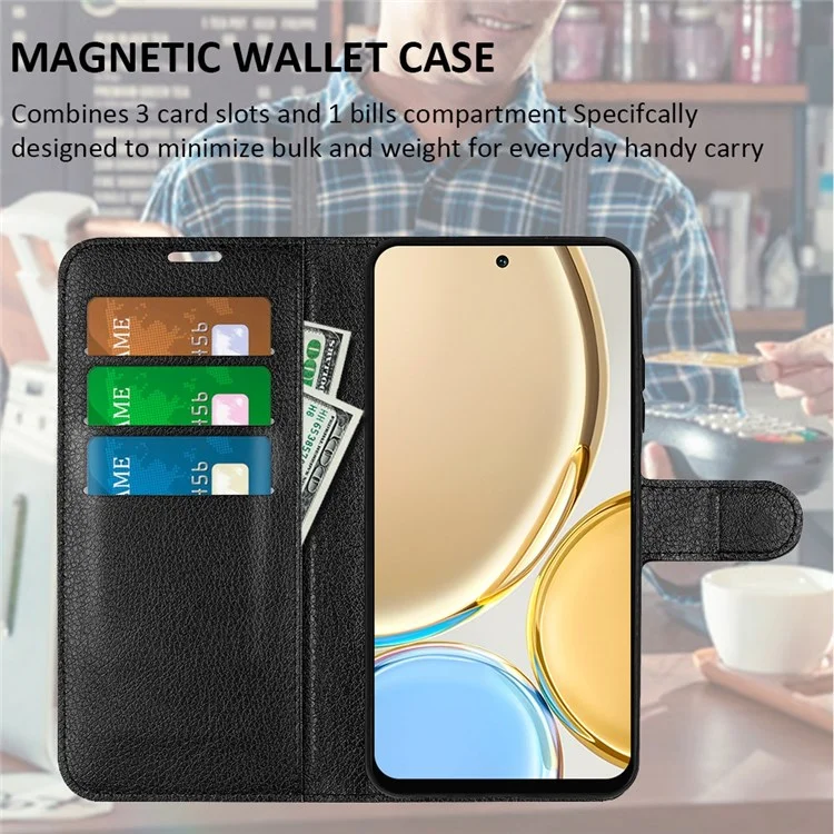 Para Honor X30/Magic 4 Lite 5G Capa de telefone com textura de lichia Suporte dobrável Carteira de couro PU Capa de celular macia - Preto