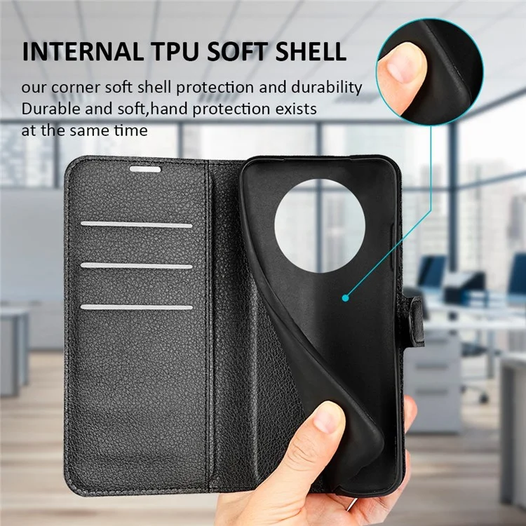 Para Honor X30/Magic 4 Lite 5G Capa de telefone com textura de lichia Suporte dobrável Carteira de couro PU Capa de celular macia - Preto