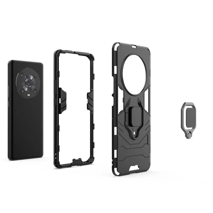 For Honor Magic4 Pro Wear-resistant TPU+PC Phone Case Military Grade Armor Ring Holder Kickstand Back Shell - Blue