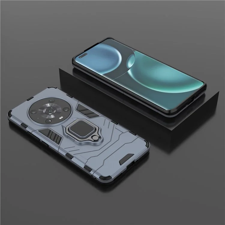For Honor Magic4 Pro Wear-resistant TPU+PC Phone Case Military Grade Armor Ring Holder Kickstand Back Shell - Blue