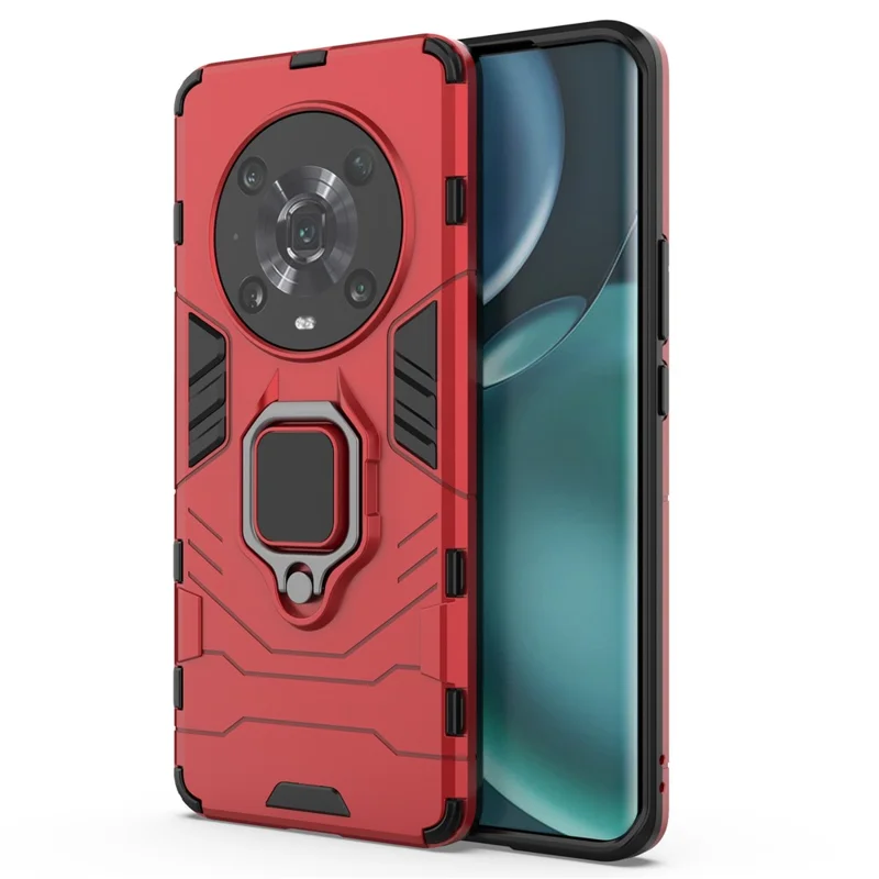 For Honor Magic4 Pro Wear-resistant TPU+PC Phone Case Military Grade Armor Ring Holder Kickstand Back Shell - Red