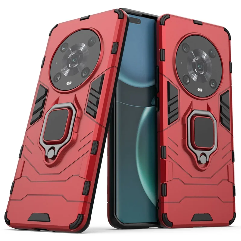 For Honor Magic4 Pro Wear-resistant TPU+PC Phone Case Military Grade Armor Ring Holder Kickstand Back Shell - Red