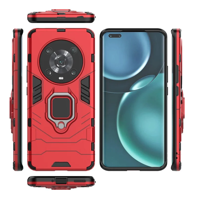 For Honor Magic4 Pro Wear-resistant TPU+PC Phone Case Military Grade Armor Ring Holder Kickstand Back Shell - Red