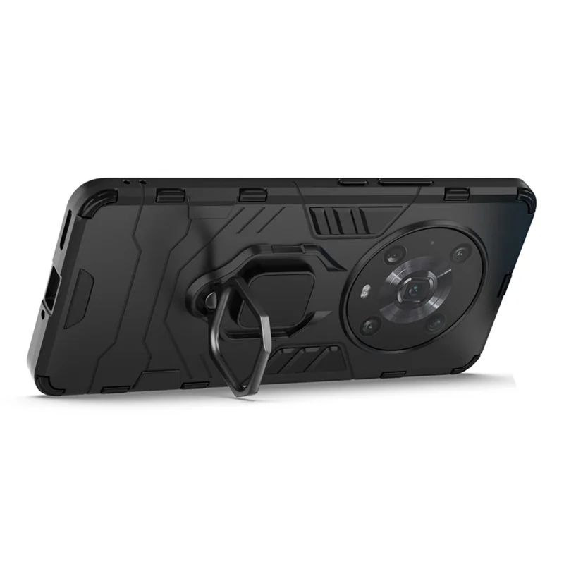 For Honor Magic4 Pro Wear-resistant TPU+PC Phone Case Military Grade Armor Ring Holder Kickstand Back Shell - Black