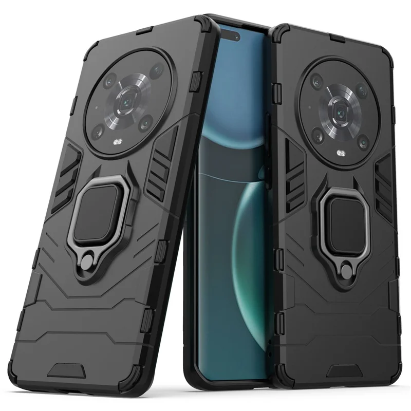 For Honor Magic4 Pro Wear-resistant TPU+PC Phone Case Military Grade Armor Ring Holder Kickstand Back Shell - Black