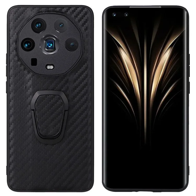 Ring Kickstand Phone Case for Honor Magic4 Ultimate, PU Leather Coated TPU + PC Cover with Car Mount Metal Sheet - Carbon Fiber Texture