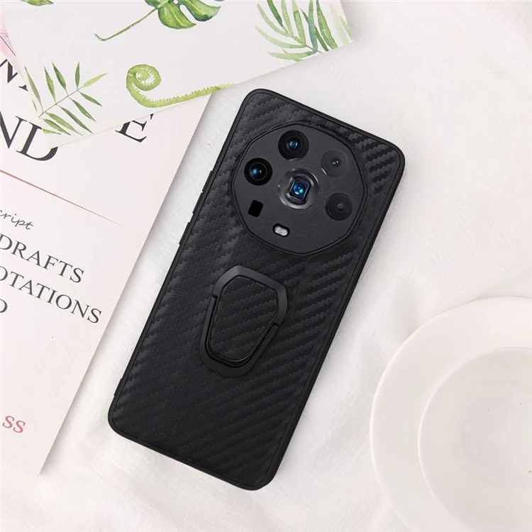 Ring Kickstand Phone Case for Honor Magic4 Ultimate, PU Leather Coated TPU + PC Cover with Car Mount Metal Sheet - Carbon Fiber Texture