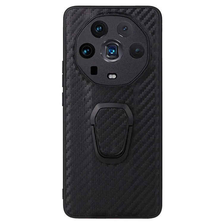 Ring Kickstand Phone Case for Honor Magic4 Ultimate, PU Leather Coated TPU + PC Cover with Car Mount Metal Sheet - Carbon Fiber Texture