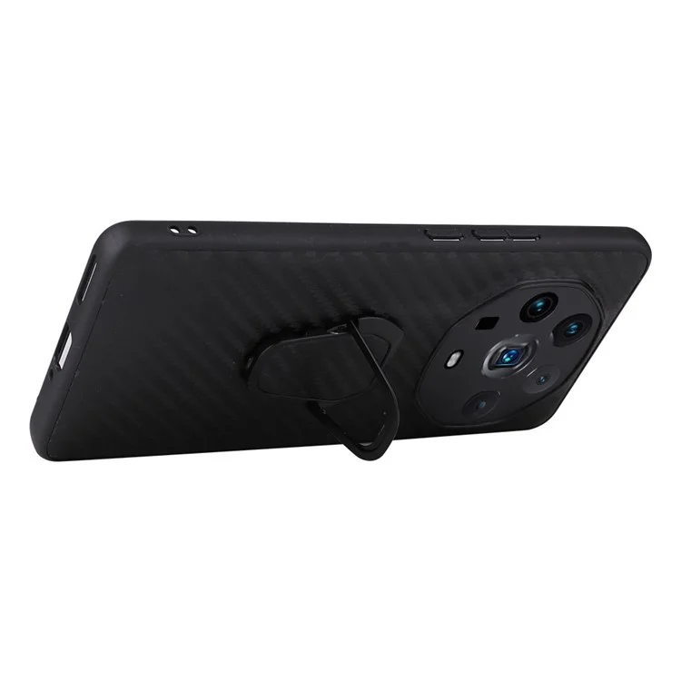 Ring Kickstand Phone Case for Honor Magic4 Ultimate, PU Leather Coated TPU + PC Cover with Car Mount Metal Sheet - Carbon Fiber Texture
