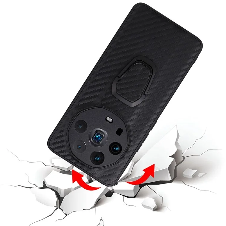 Ring Kickstand Phone Case for Honor Magic4 Ultimate, PU Leather Coated TPU + PC Cover with Car Mount Metal Sheet - Carbon Fiber Texture