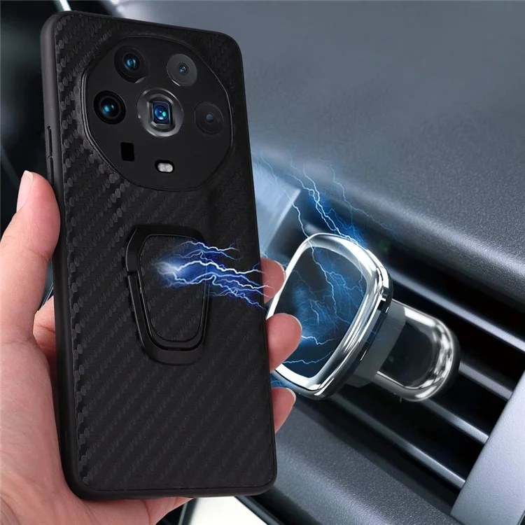 Ring Kickstand Phone Case for Honor Magic4 Ultimate, PU Leather Coated TPU + PC Cover with Car Mount Metal Sheet - Carbon Fiber Texture