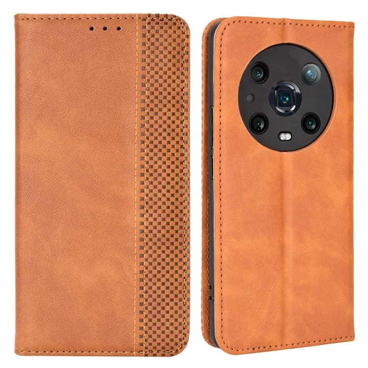 For Honor Magic4 Pro Vintage Capa de celular de couro PU magnética com suporte, resistente a choques, proteção total - Marrom 